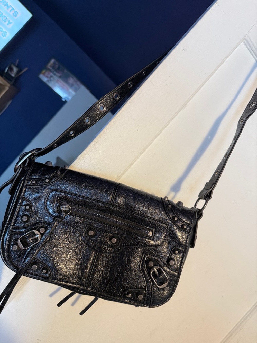 Black Cracked Leather Crossbody Bag With Stud hardware - Picture 2 of 9
